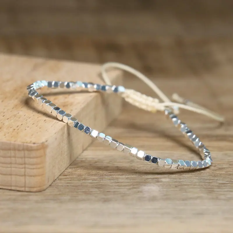 White Hematite Boho Bracelet, Adjustable Unisex - Image 3