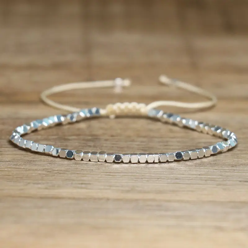 White Hematite Boho Bracelet, Adjustable Unisex - Image 1