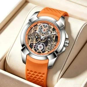 3D Skeleton orange Dial Luxury Quartz Watch for Men