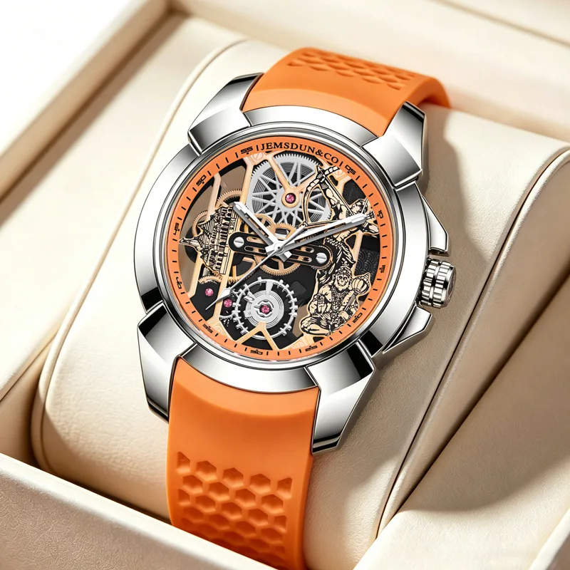 3D Skeleton orange Dial Luxury Quartz Watch for Men - Image 1