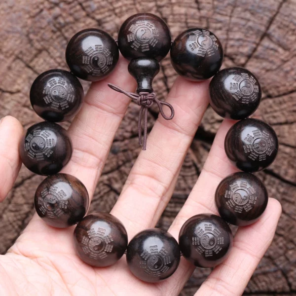 Ebony Men's Wooden Yin Yang Bracelet Symbol of Philosophy Male Bracelet Symbol of Divination 20 Mm Black Wooden Bead Bracelet