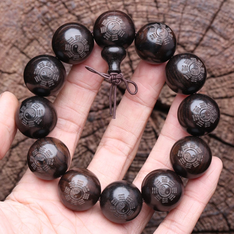 Ebony Men's Wooden Yin Yang Bracelet Symbol of Philosophy Male Bracelet Symbol of Divination 20 Mm Black Wooden Bead Bracelet - Image 2
