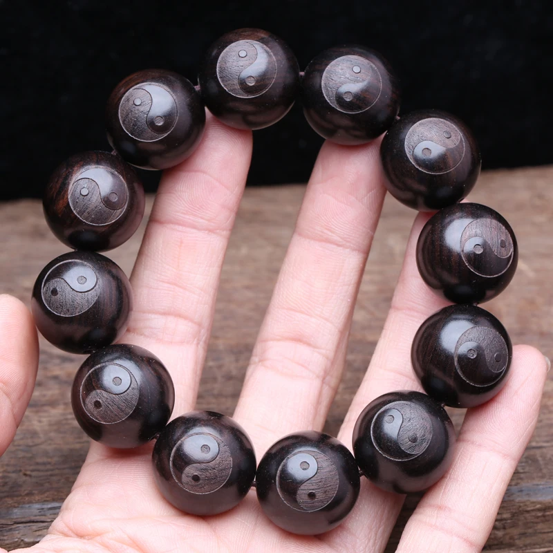 Ebony Men's Wooden Yin Yang Bracelet Symbol of Philosophy Male Bracelet Symbol of Divination 20 Mm Black Wooden Bead Bracelet - Image 3