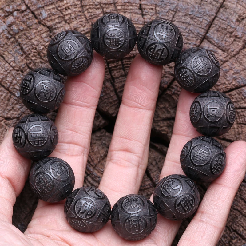 Genuine Natural Black Wooden Beads Tibetan Buddhist Tools 12 Beads Prayer Bracelet Beaded Men's Bracelet - Image 1