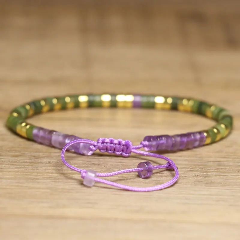Braided Amethyst & Peridot Gemstone Bracelet, 2x4mm - Image 2