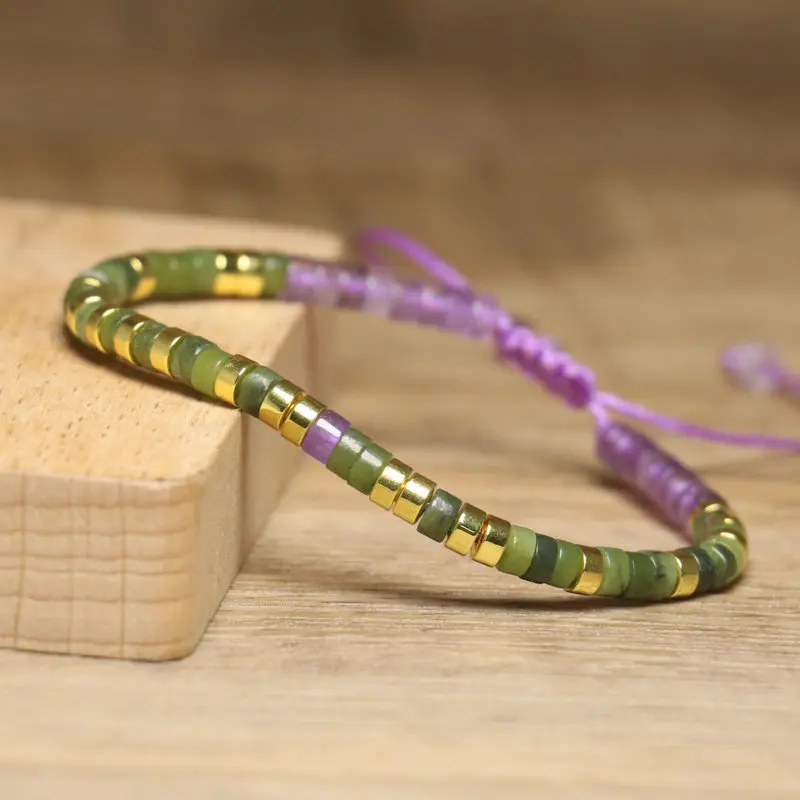 Braided Amethyst & Peridot Gemstone Bracelet, 2x4mm - Image 4