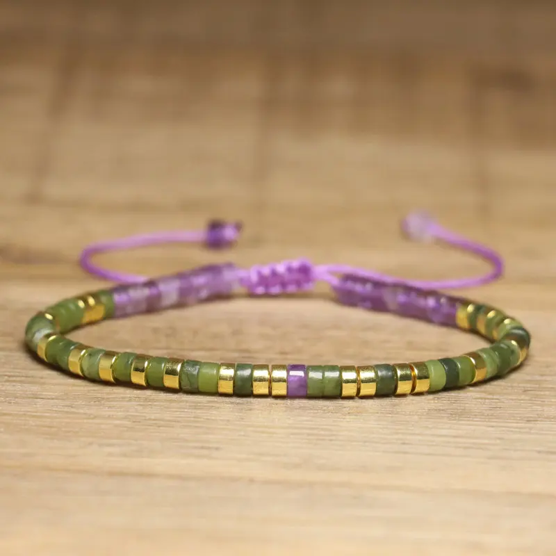 Braided Amethyst & Peridot Gemstone Bracelet, 2x4mm - Image 1