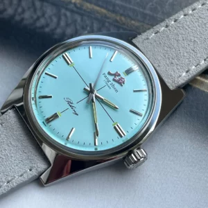Merkur Watch Baby Blue Dial Watch خمر فستان كاجوال ساعات Handwind ساعة ميكانيكية للرجال Relogio Masculino سوار معدني
