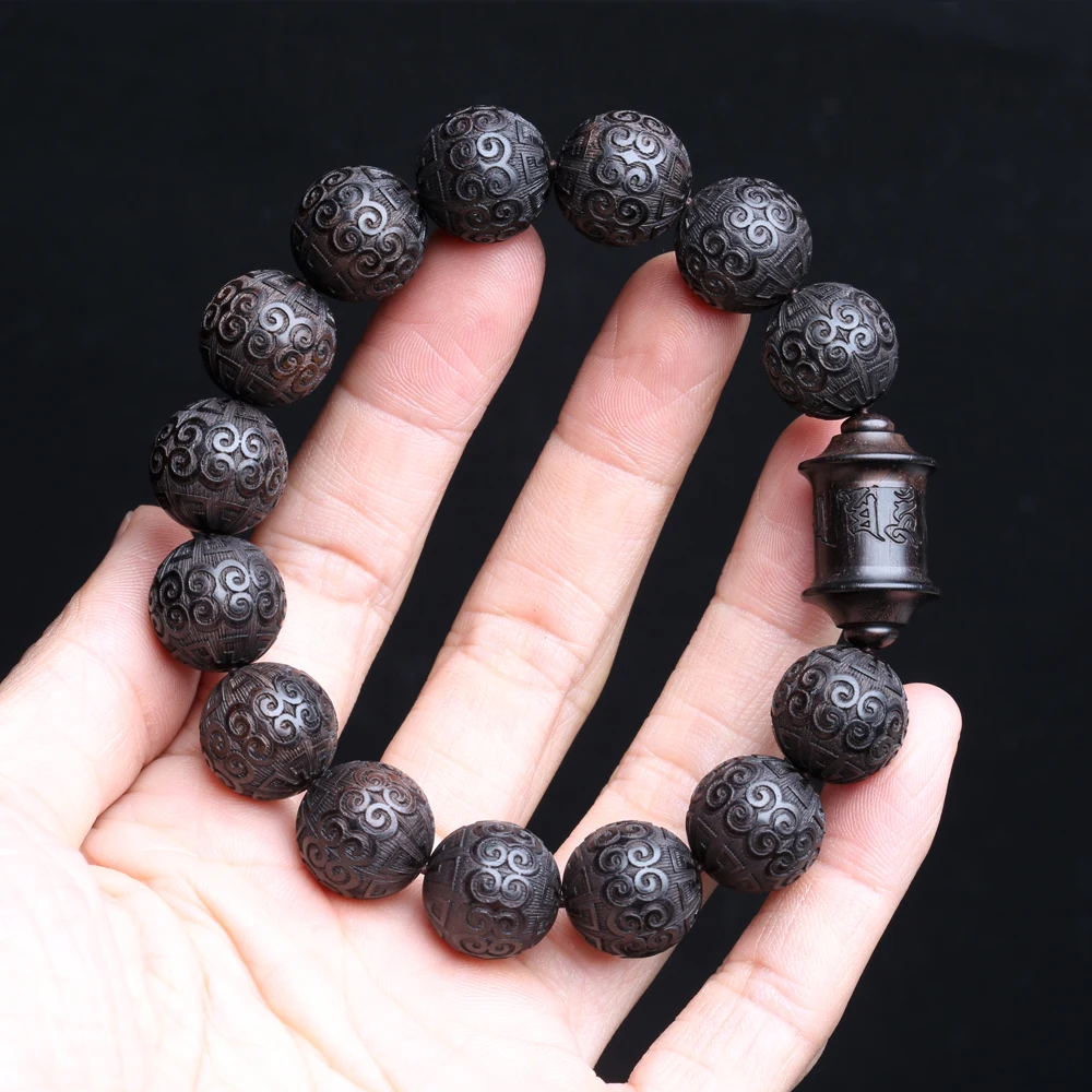 Natural Ebony Bracelet, 15mm Auspicious Cloud Beads, Prayer Beads, Lucky Decoration, Classic Carved Bracelet, Universal - Image 1