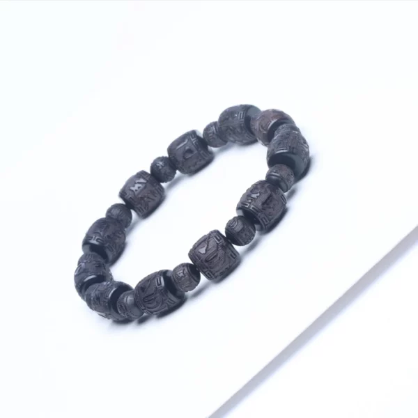 Natural Ebony Six-character Mantra of Tibetan Buddhism Black Wood 12mmx12mm Solid Carving Universal Bracelet for Men and Women