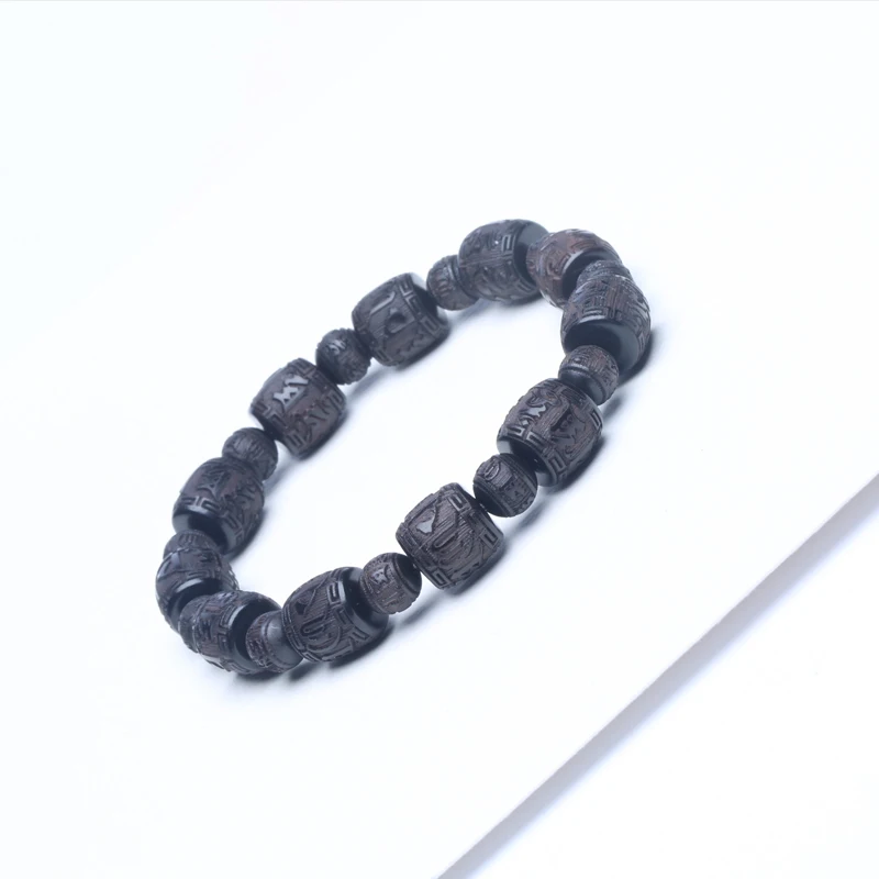 Natural Ebony Six-character Mantra of Tibetan Buddhism Black Wood 12mmx12mm Solid Carving Universal Bracelet for Men and Women - Image 2