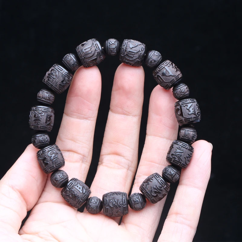 Natural Ebony Six-character Mantra of Tibetan Buddhism Black Wood 12mmx12mm Solid Carving Universal Bracelet for Men and Women - Image 1