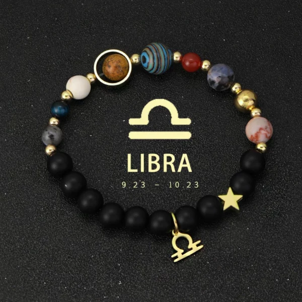 Natural Stone Solar System Eight Planets 12 Zodiac Signs Crystal Stone Bracelet Birthday Gift Zodiac Charm Bracelet Libra Leo