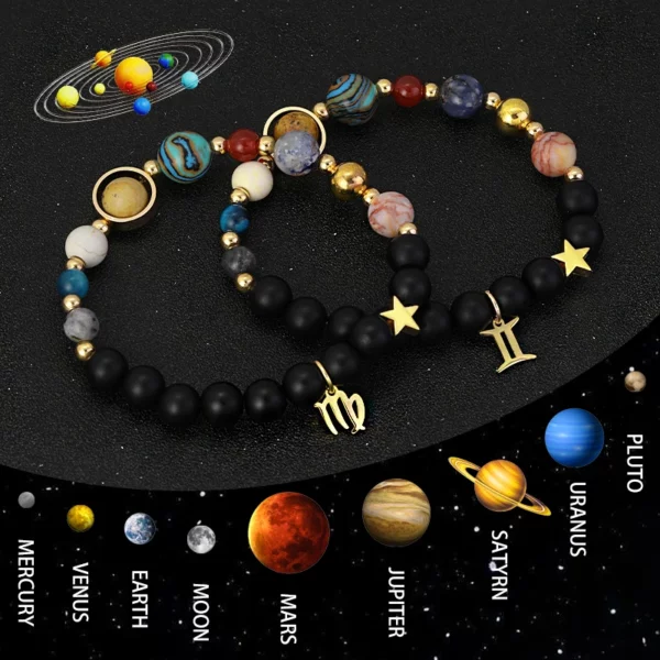 Natural Stone Solar System Eight Planets 12 Zodiac Signs Crystal Stone Bracelet Birthday Gift Zodiac Charm Bracelet Libra Leo