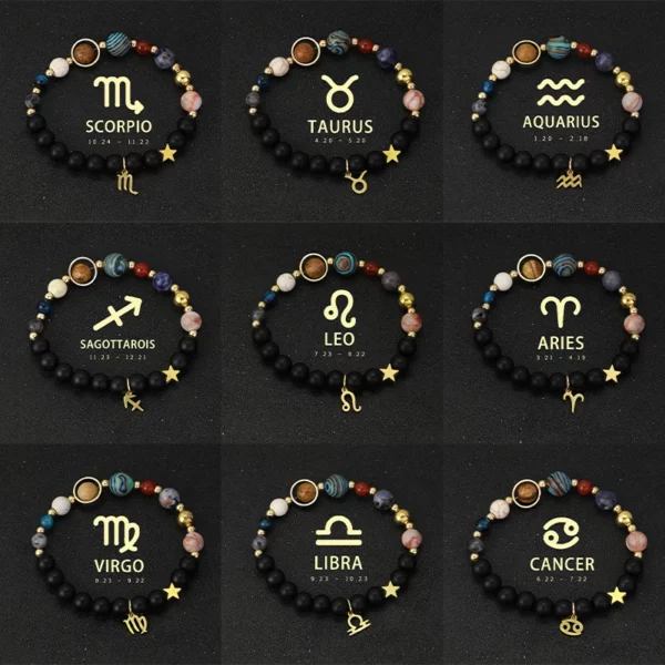 Natural Stone Solar System Eight Planets 12 Zodiac Signs Crystal Stone Bracelet Birthday Gift Zodiac Charm Bracelet Libra Leo