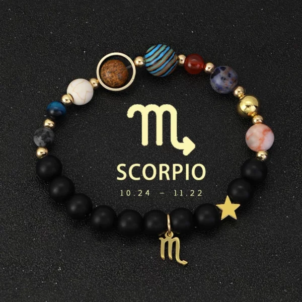 Natural Stone Solar System Eight Planets 12 Zodiac Signs Crystal Stone Bracelet Birthday Gift Zodiac Charm Bracelet Libra Leo