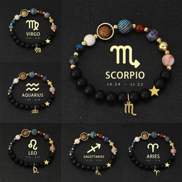 Natural Stone Solar System Eight Planets 12 Zodiac Signs Crystal Stone Bracelet Birthday Gift Zodiac Charm Bracelet Libra Leo