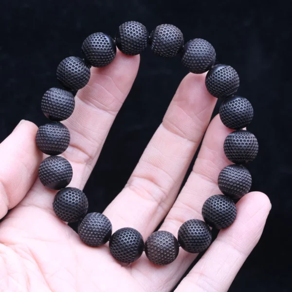 Natural Ebony 20mm Carved Wood Bead Bracelet, Good Luck