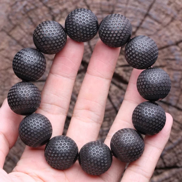 Natural Ebony 20mm Carved Wood Bead Bracelet, Good Luck