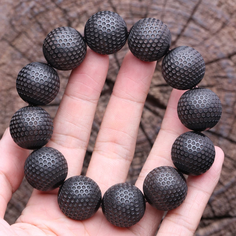 Natural Ebony 20mm Carved Wood Bead Bracelet, Good Luck - Image 7