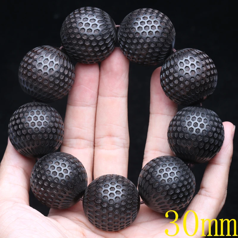 Natural Ebony 20mm Carved Wood Bead Bracelet, Good Luck - Image 9