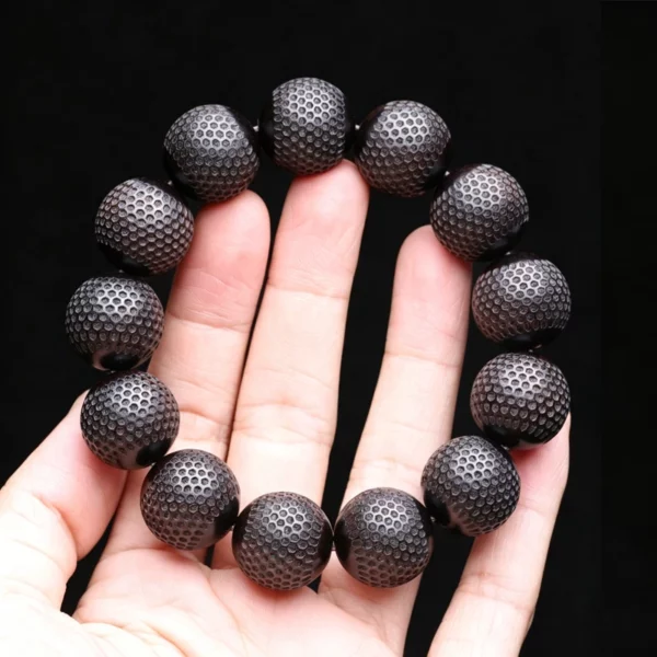 Natural Ebony 20mm Carved Wood Bead Bracelet, Good Luck