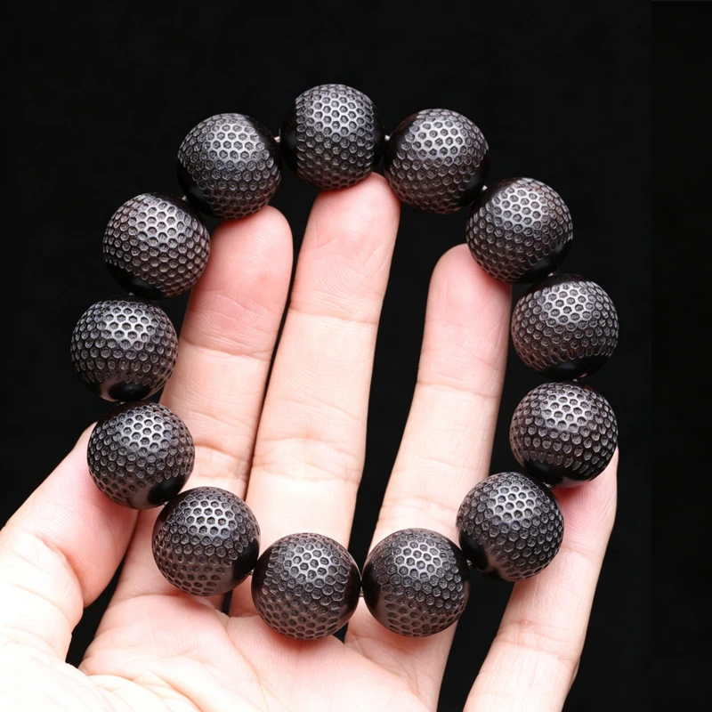 Natural Ebony 20mm Carved Wood Bead Bracelet, Good Luck - Image 11
