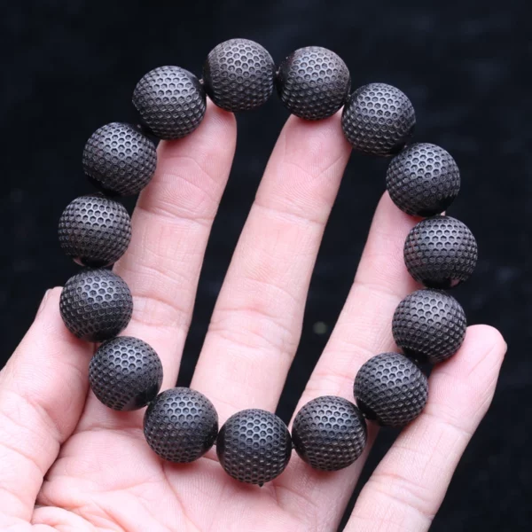Natural Ebony 20mm Carved Wood Bead Bracelet, Good Luck