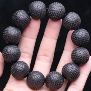 Natural Ebony 20mm Carved Wood Bead Bracelet, Good Luck