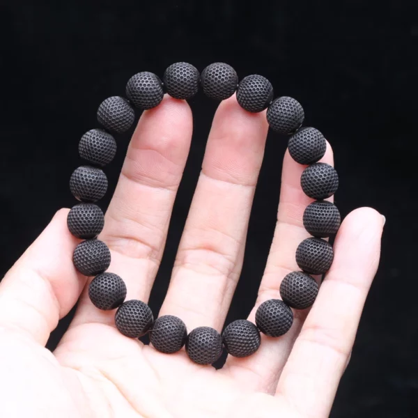 Natural Ebony 20mm Carved Wood Bead Bracelet, Good Luck
