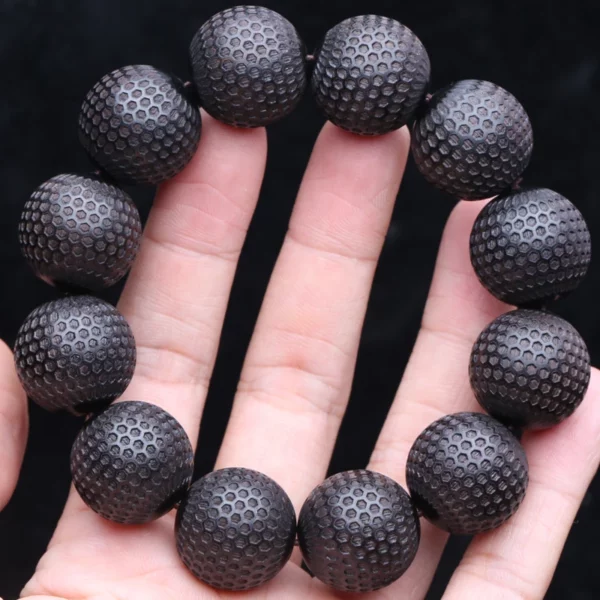 Natural Ebony 20mm Carved Wood Bead Bracelet, Good Luck