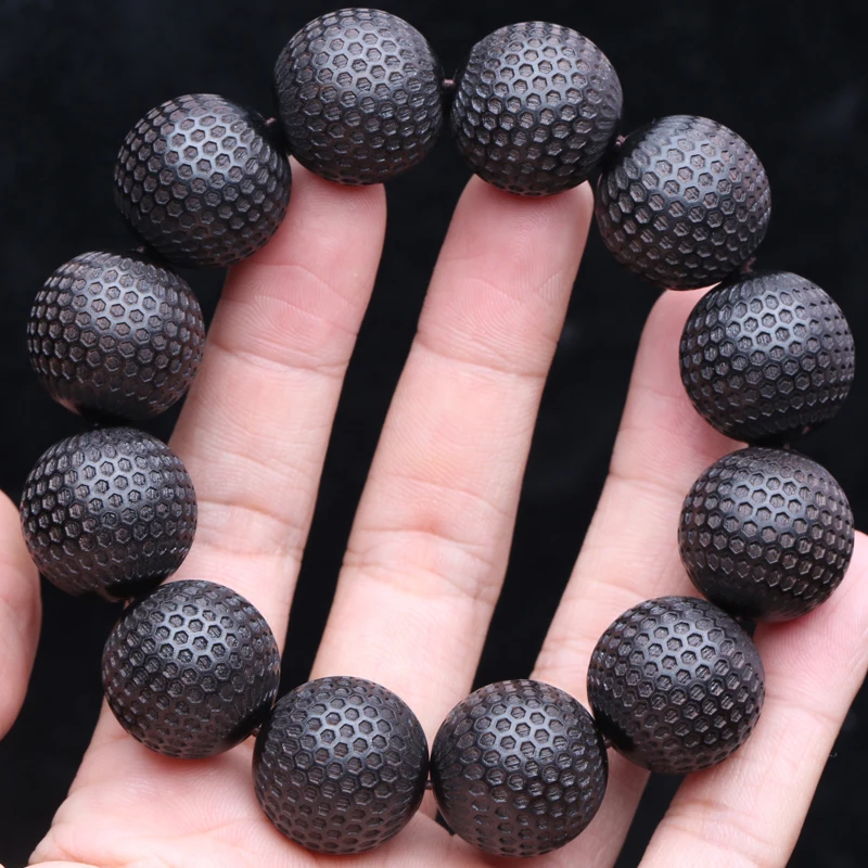 Natural Ebony 20mm Carved Wood Bead Bracelet, Good Luck - Image 1