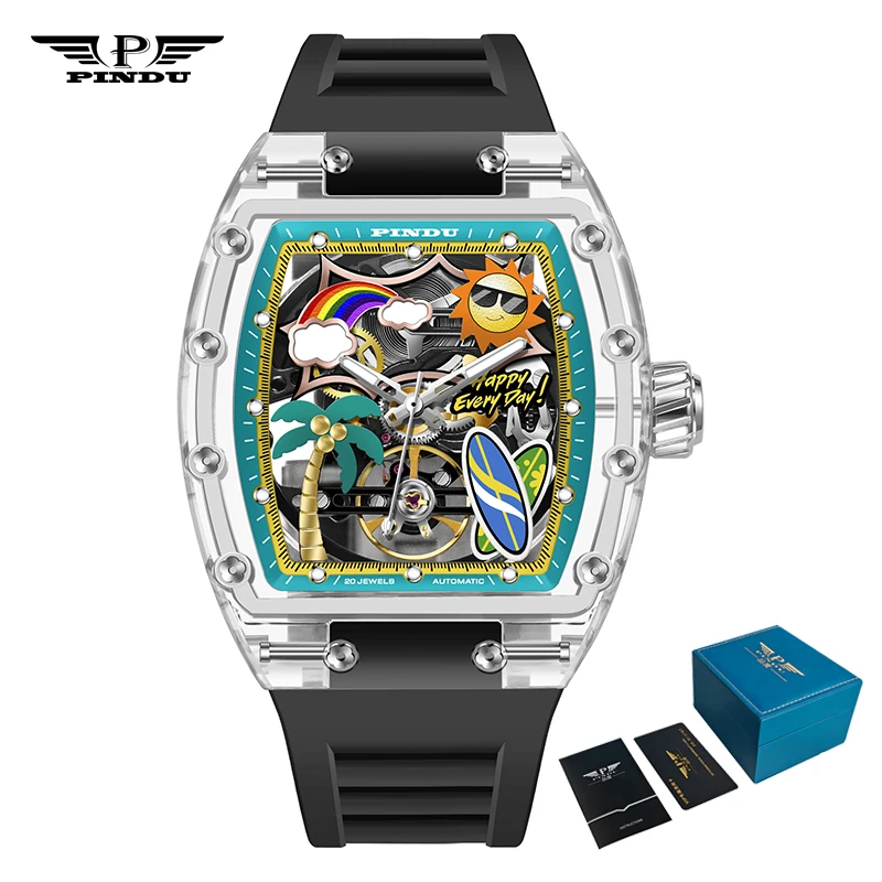 PINDU Men's Mechanical Watch, Glowing Resin Strap - Image 9