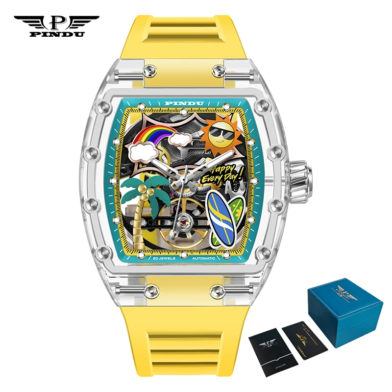 PINDU Men's Mechanical Watch, Glowing Resin Strap - Image 8