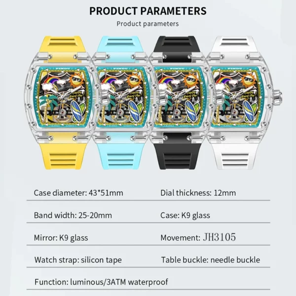PINDU Men's Mechanical Watch, Glowing Resin Strap