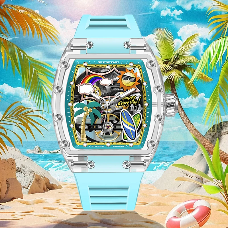 PINDU Men's Mechanical Watch, Glowing Resin Strap - Image 1