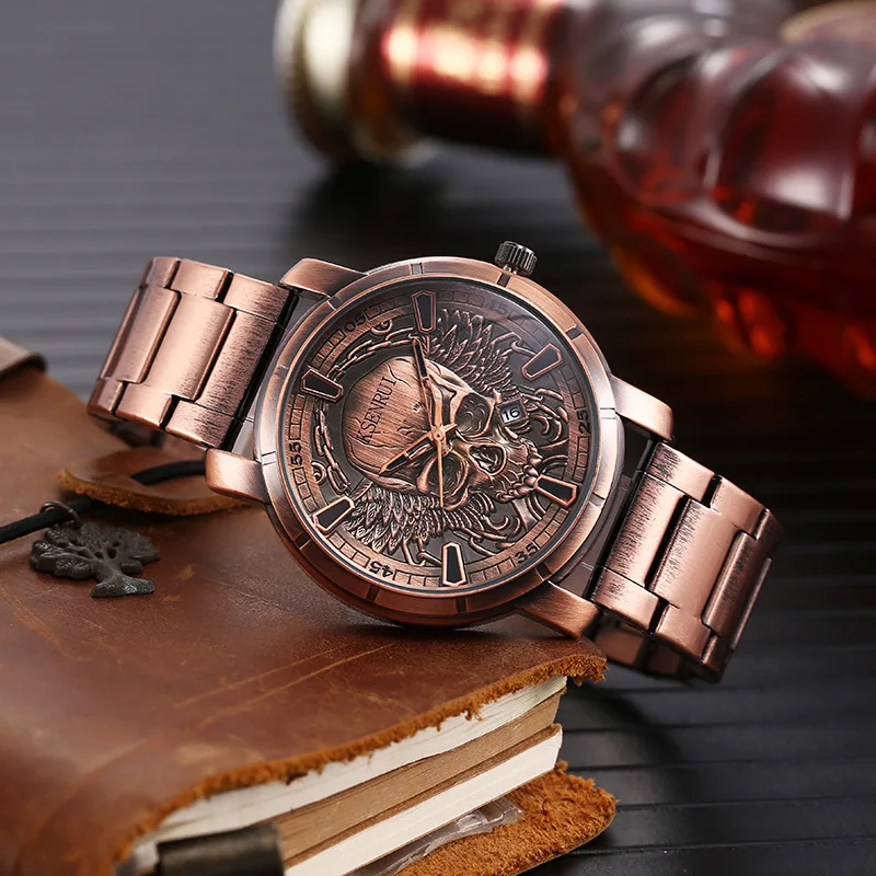 Retro Skull Watch for Men Luxury Steel Leather Strap Fashion Quartz Wristwatches Male Clock Gift Relogio Masculino Drop Shipping - Image 5