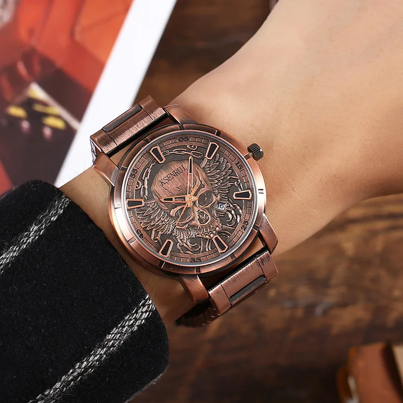Retro Skull Watch for Men Luxury Steel Leather Strap Fashion Quartz Wristwatches Male Clock Gift Relogio Masculino Drop Shipping - Image 6