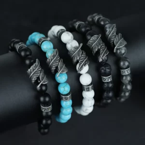 Vintage Natural Stone Feather Bracelet Men 8mm Howlite Black Flash Lava Beaded Punk Braslet Husband Gift Cycling Healing Pulsera - Image 2