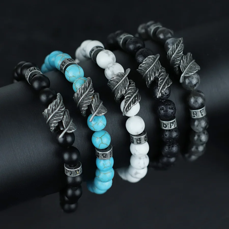 Vintage Natural Stone Feather Bracelet Men 8mm Howlite Black Flash Lava Beaded Punk Braslet Husband Gift Cycling Healing Pulsera - Image 2