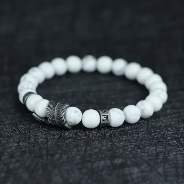 Vintage Natural Stone Feather Bracelet Men 8mm Howlite Black Flash Lava Beaded Punk Braslet Husband Gift Cycling Healing Pulsera