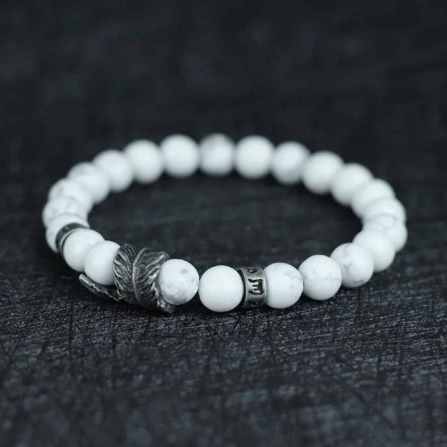 Vintage Natural Stone Feather Bracelet Men 8mm Howlite Black Flash Lava Beaded Punk Braslet Husband Gift Cycling Healing Pulsera - Image 8