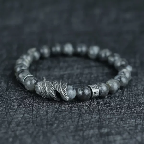 Vintage Natural Stone Feather Bracelet Men 8mm Howlite Black Flash Lava Beaded Punk Braslet Husband Gift Cycling Healing Pulsera