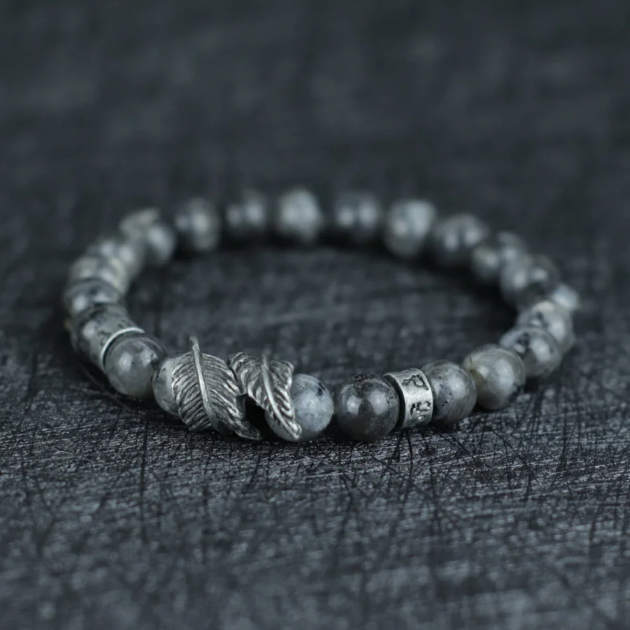 Vintage Natural Stone Feather Bracelet Men 8mm Howlite Black Flash Lava Beaded Punk Braslet Husband Gift Cycling Healing Pulsera - Image 10