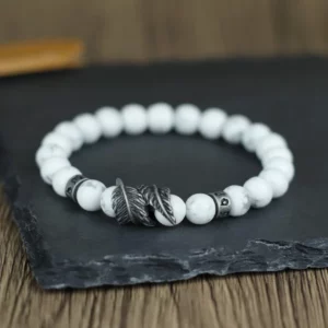 Vintage Natural Stone Feather Bracelet Men 8mm Howlite Black Flash Lava Beaded Punk Braslet Husband Gift Cycling Healing Pulsera - Image 3