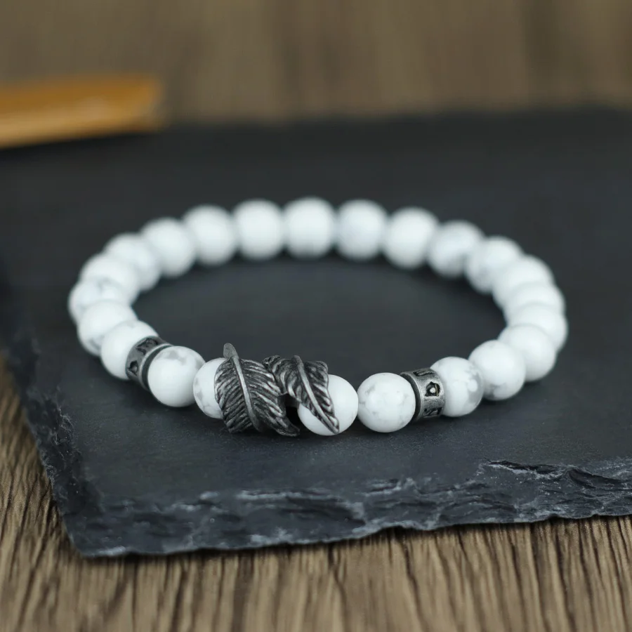 Vintage Natural Stone Feather Bracelet Men 8mm Howlite Black Flash Lava Beaded Punk Braslet Husband Gift Cycling Healing Pulsera - Image 3