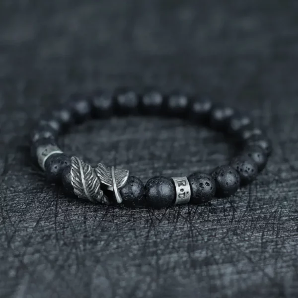 Vintage Natural Stone Feather Bracelet Men 8mm Howlite Black Flash Lava Beaded Punk Braslet Husband Gift Cycling Healing Pulsera