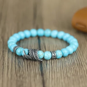 Vintage Natural Stone Feather Bracelet Men 8mm Howlite Black Flash Lava Beaded Punk Braslet Husband Gift Cycling Healing Pulsera - Image 6