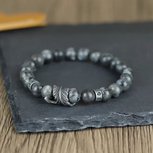 Vintage Natural Stone Feather Bracelet Men 8mm Howlite Black Flash Lava Beaded Punk Braslet Husband Gift Cycling Healing Pulsera