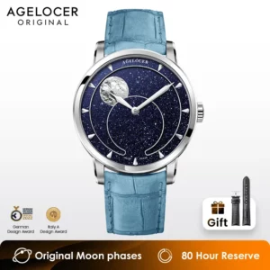 ساعة AGELOCER الأصلية 29.51-Days Blue Aventurine Moon Phase هدية عيد ميلاد للرجال